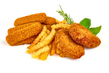 Deep Fried Cutlets, Fish Fingers And French Fries, Isolated On White Background.