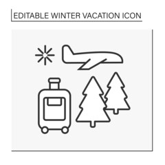 Wall Mural -  Trip line icon. Travel to snowy countries. Flight by plane for vacation. Journey. Winter vacation concept. Isolated vector illustration. Editable stroke