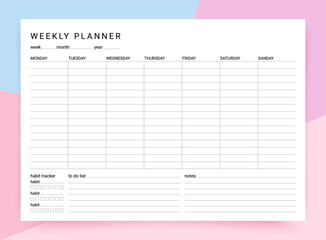 Wall Mural - Weekly planner. Timetable for week with habit tracker, to do list and notes. Vector illustration. Journal page template. Homework organizer. Simple schedule. Empty blank of diary. Paper size A4.