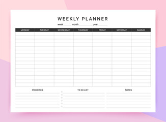 Weekly planner. Schedule for week with habit tracker, to do list and notes. Timetable template. Homework organizer. Simple journal page. Empty blank of diary. Vector illustration. Paper size A4.