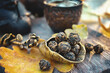 elite varieties of Chinese tea. Elite tea flowers made of dragon pearls. fermented tea balls close-up in a beautiful teaspoon in the shape of a lotus