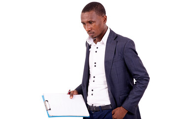 Poster - young worried businessman holding a clipboard.