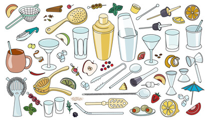 Various bar cocktail tool accessories instruments such as shaker glasses strainers jiggers. Collection set of hand-drawn doodle cartoon style vector icon illustrations. For bar menu website design