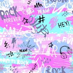 Abstract seamless chaotic pattern with urban graffiti words, scuffed and sprays. Grunge texture background. Wallpaper for girls. Fashion sport style