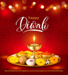Happy Diwali background with puja thali, diya (oil lamp) and traditional sweets laddu. Vector illustration. 