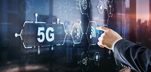 Wall Mural - 5g network wireless internet concept. man touching 3d icon 5g