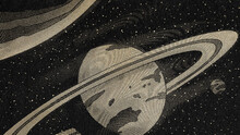 Planet Saturn Linocut Illustration