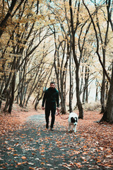 Wall Mural - man with dog in autumn forest