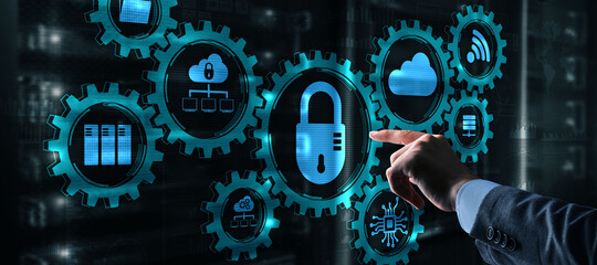 Wall Mural - cybersecurity icons on gear mechanism. technology concept