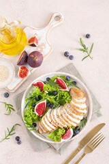 Canvas Print - Chicken breast baked and fresh salad of lettuce, arugula, blueberry and figs. Healthy diet food. Top view.