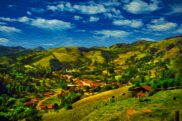 Wall Mural - Small village on hilly landscape with valleys covered by forest at the Mantiqueira Ridge, in the Brazilian countryside. Oil Paint filter.