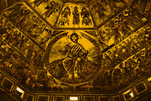 View Of A Church Ceiling In Dome Format, Richly Adorned With Byzantine Religious Paintings In Italy. Oil Paint Filter.