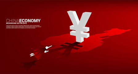 Poster - Silhouette of businessman flying to money yuan currency icon 3D with shadow on china map. Concept for digital yuan financial and banking.