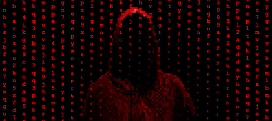 Silhouette of a hacker on a background with binary code and lights, hacking of a computer system, theft of data