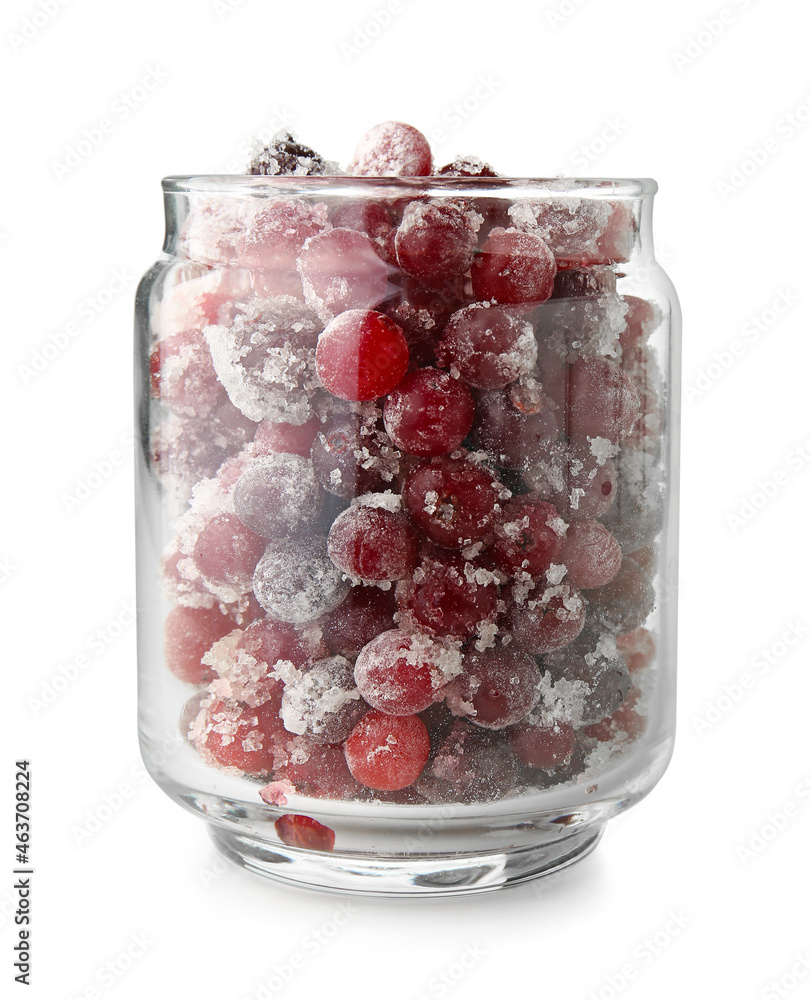 Jar with tasty sugared cranberries on white background