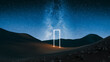 © Marcos Osorio/Stocksy - Desert landscape with a light gate under a starry sky
