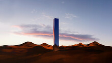 Desert Dune Landscape At Sunset With A Metal Column 