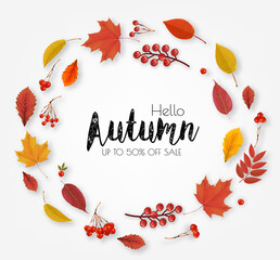 Poster - Autumn sale background with colorful leaves and red berries. Vector illustration