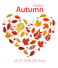 Poster - Autumn colorful forest leaves, berries, cones, acorns, viburnumin the shape of a heart Sale Card.   Vector.