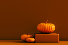3d Still Life Of Pumpkins On Brown Background