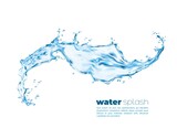 Isolated transparent water splash swirl with pouring wave, vector realistic background. Water pour with splashing drops, liquid blue clear aqua with water droplets of clean drink and flowing spill