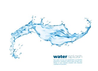 Poster - Isolated transparent water splash swirl with pouring wave, vector realistic background. Water pour with splashing drops, liquid blue clear aqua with water droplets of clean drink and flowing spill