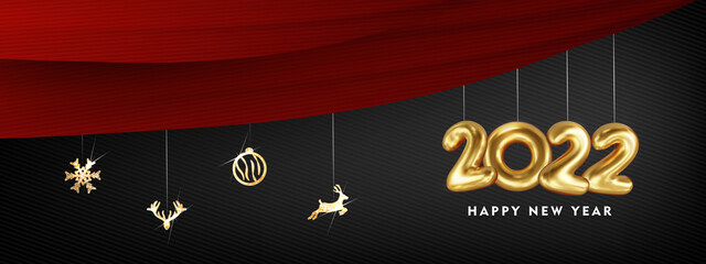 Wall Mural - 2022 Gold Shining 3d numbers and gold christmas elements. Happy New Year greeting card. Vector illustration