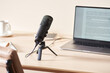 © Martí Sans/Stocksy - Microphone near laptop with podcast script