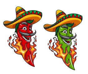 Wall Mural - Cartoon mexican jalapeno or chili pepper mascot character in sombrero with fire flames. Mexican food hot spice happy smiling vector moustached personage, red and green chilli peppers in flames