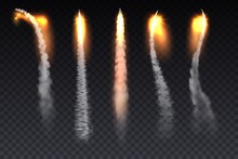 Rocket Fire Smoke Trails, Spacecraft Startup Launch, Space Jet Fire Flames. Spaceship, Jet Plane Take Off Or Ballistic Missile Launch Realistic Vector Smoke, Fire Burst Tracks, Condensation Trails