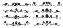 Black Rose Flower Borders, Dividers And Floral Swirls. Monochrome Headers, Vector Retro Embellishments, Vintage Roses With Blossom Buds And Leaves. Decorative Isolated Vignettes Set