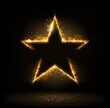 Golden star with sparkle, glitter, stardust and glow bokeh, shiny gold star. Vector star with glowing edges, empty border with shimmer and lens flare effect. Award celebration template background