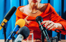 Stylish Female Holding Microphone At Press Conference.