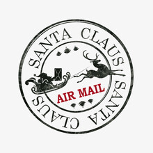 Isolated Christmas Stamp With A Silhouette Of Santa Claus Rushing In A Sleigh On A Reindeer, Air Mail