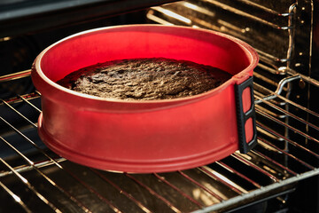 Poster - Baked cake in silicone mold in an electric oven