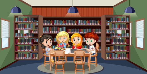 Poster - School library interior with children group