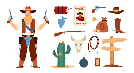 Wall Mural - Wild west cowboy life icons with armed man, flat vector illustration isolated.