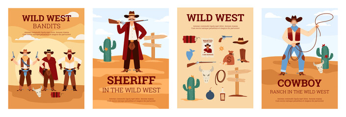 Wall Mural - Wild west banners or cards set with cowboy and sheriff flat vector illustration.