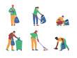 Set of janitors or volunteers picking up garbage, vector illustration isolated.