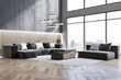 © Who is Danny - Contemporary living room interior with window and city view, beautiful couch, pillows, rug and other items. Design concept. 3D Rendering.