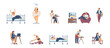 Modern woman daily routine chores and activities, vector illustration isolated.