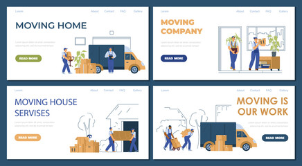 Moving service company websites set, flat vector illustration on background.