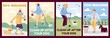 Set of vector flat cartoon illustrations for posters with owners who walk their dogs in park and clean up after their pets.