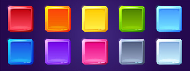 Wall Mural - Set of game ui app icons, square buttons, cartoon menu interface colorful blocks. Gui graphic design elements for user panel settings red, blue, yellow, green, purple isolated 2d vector illustration