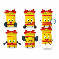 Poster - A healthy yellow long gift box cartoon style trying some tools on Fitness center