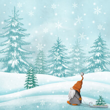Scandinavian Tomte Gnome Walking In Snow Forest. Watercolor Winter Illustration