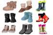 Collage set of children shoes and boots. Collection of seasonable various colorful children shoes and rubber boots isolated on a white background. Close-up. Shoes autumn and spring fashion.