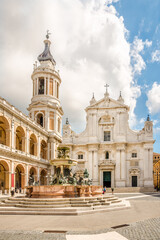 Wall Mural - View at the Madonna place with Basilica of Santa Casa (Holy House) and Maggiore fouintain in Loreto, Italy