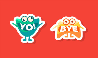 Sticker - Monster with Words In Mouth Funny Cartoon Character on Red Background Vector Sticker Set