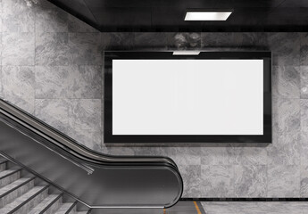 Panoramic 2:1 billboard on underground wall Mockup. Hoarding advertising on train station wall escalator 3D rendering